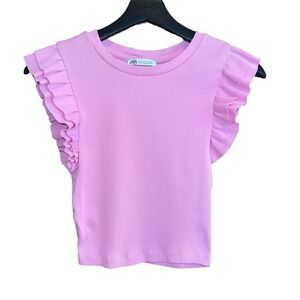 Zara Pink Ribbed Ruffle Sleeve Top Womens S Casual Feminine Stretch